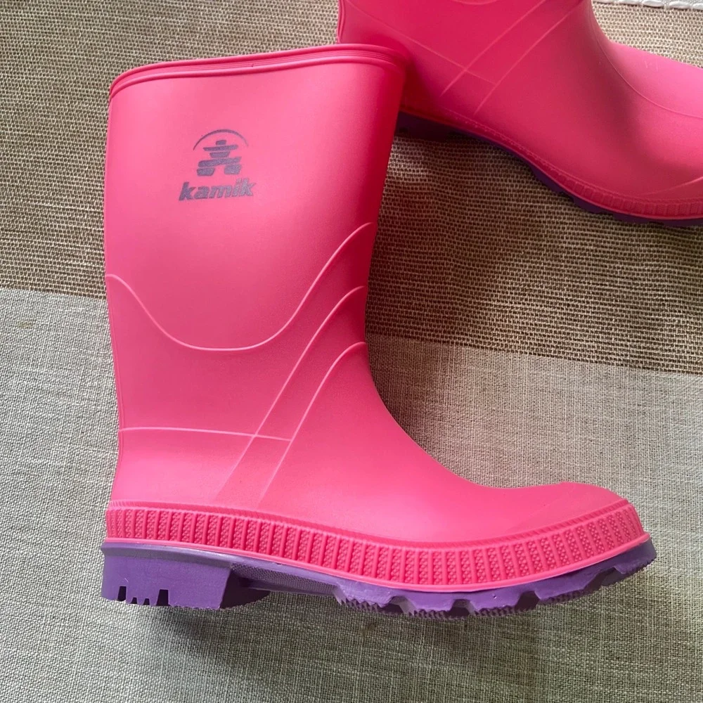 Kamik Stomp Kids Rain Boots Pink Purple Waterproof Rubber Size 4 Made in Canada